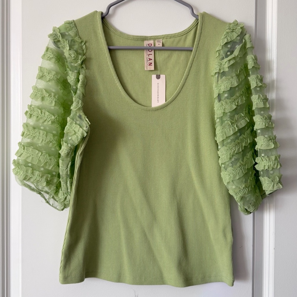 NWT Anthropologie Dolan Lime Green Scoop Neck Top with Ruffle Sheer Sleeves